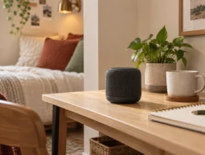 the best blue tooth speakser for small spaces sitting on a table in an upscale bedroom.