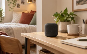 the best blue tooth speakser for small spaces sitting on a table in an upscale bedroom.