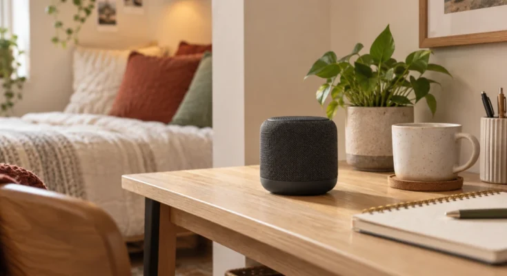 the best blue tooth speakser for small spaces sitting on a table in an upscale bedroom.