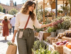 woman walking in an outdoor flower market hands free becasue she has a comfortable crossbody phone strap