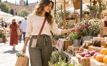 woman walking in an outdoor flower market hands free becasue she has a comfortable crossbody phone strap