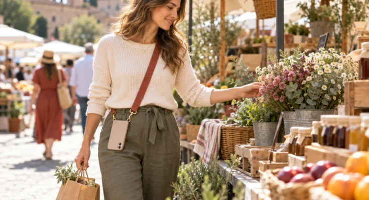 woman walking in an outdoor flower market hands free becasue she has a comfortable crossbody phone strap