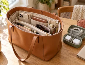 Open tan tote with a purse insert, glasses case, wallet, and phone, beside small cable and personal-care organizers.