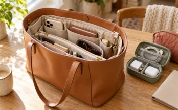 Open tan tote with a purse insert, glasses case, wallet, and phone, beside small cable and personal-care organizers.