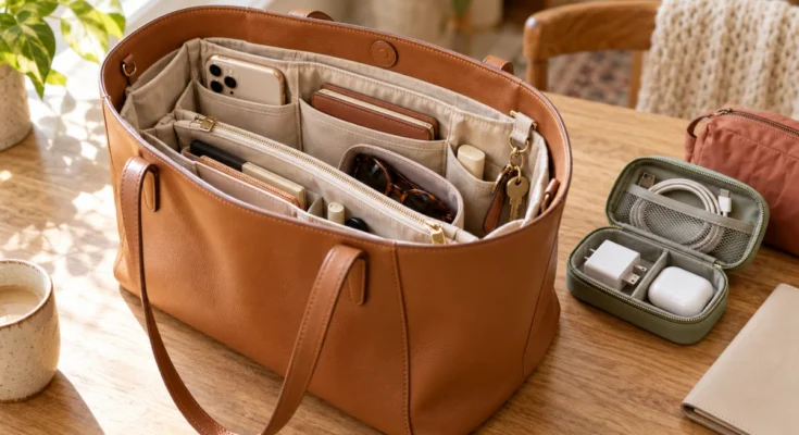 Open tan tote with a purse insert, glasses case, wallet, and phone, beside small cable and personal-care organizers.
